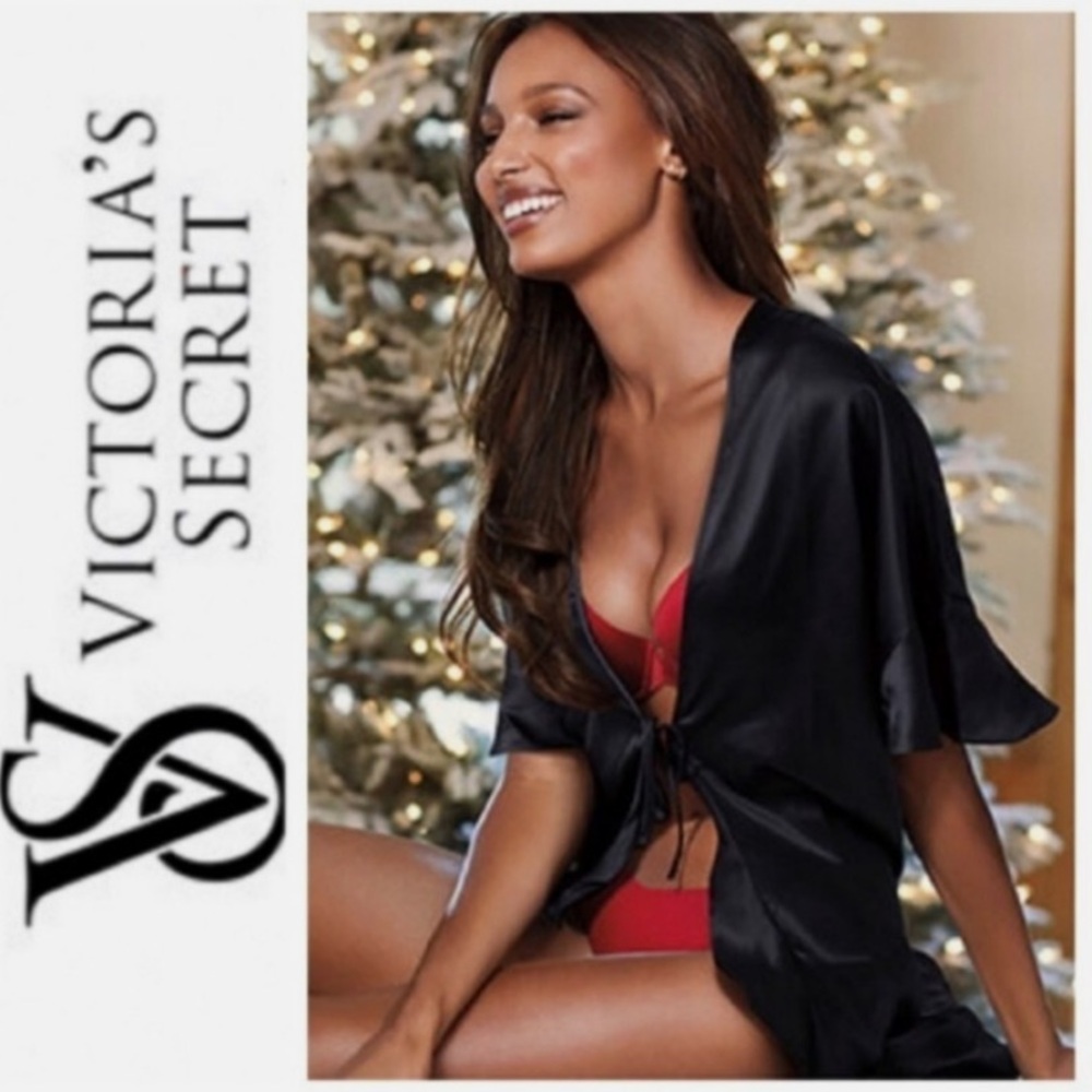 Victoria’s Secret Black Satin Ruffle Trim Mid Bowtie Mini Lounge Robe SizeOS NWT